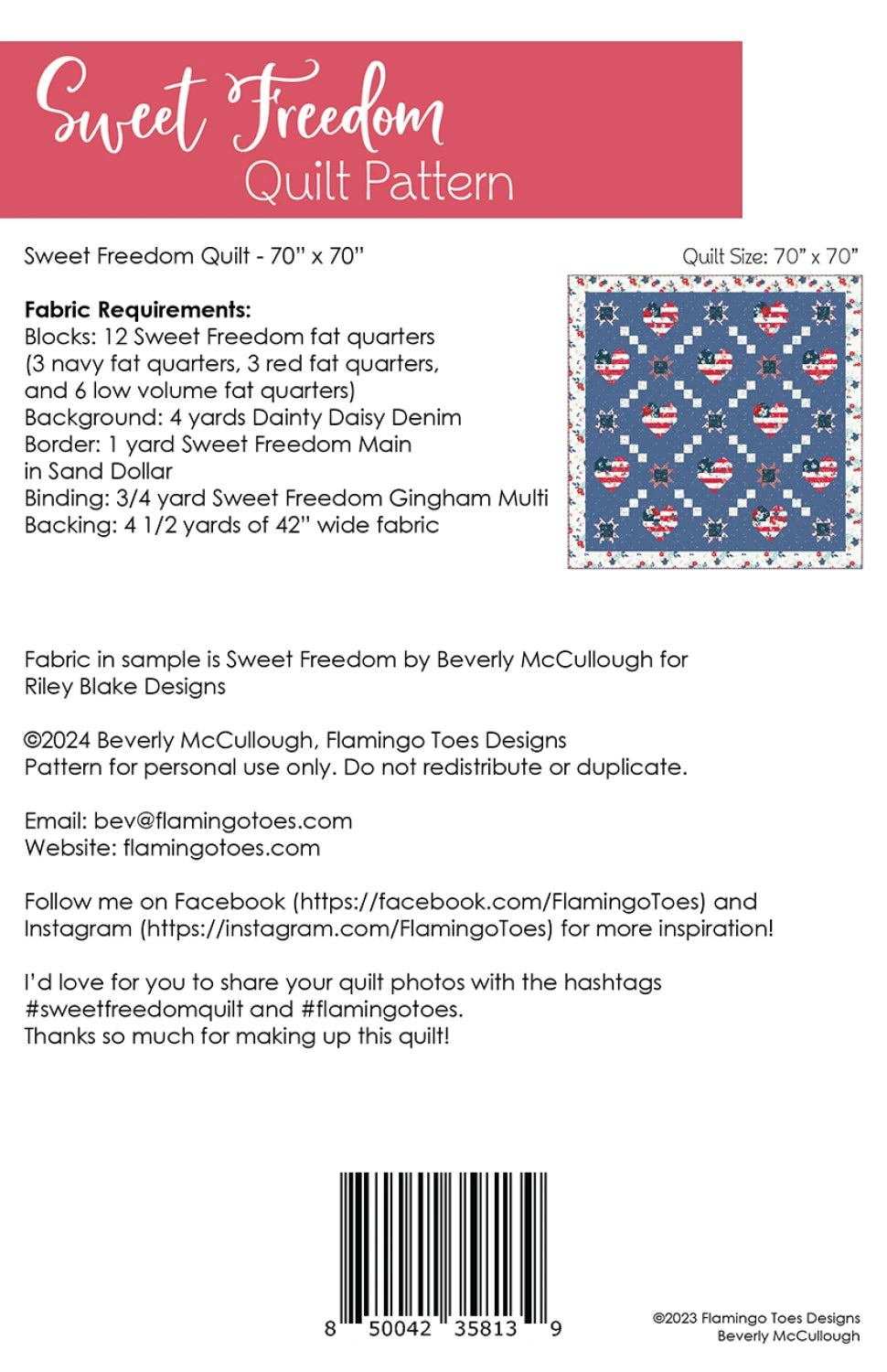 Back of the Sweet Freedom Quilt Pattern by Flamingo Toes