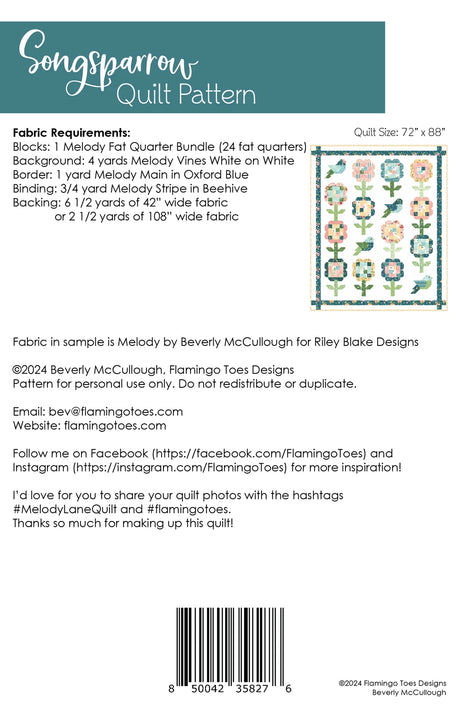 Back of the Songsparrow Quilt Pattern by Flamingo Toes