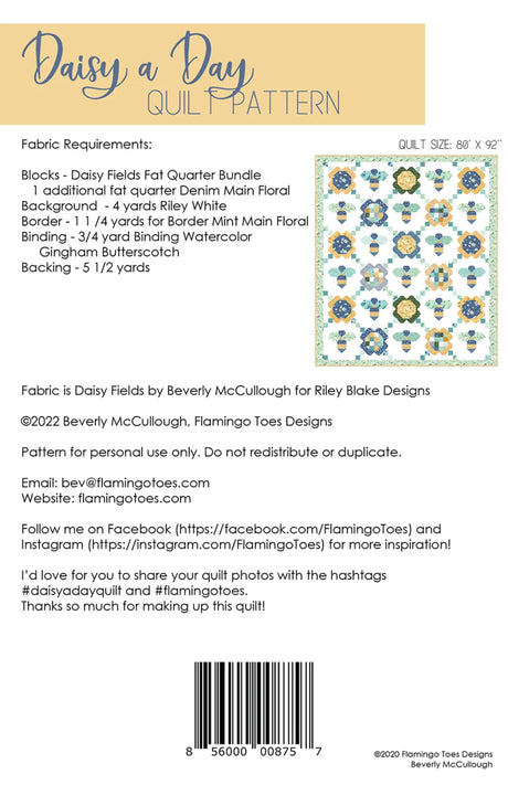 Back of the Daisy a Day Quilt Pattern by Flamingo Toes