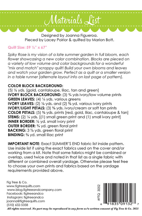 Back of the Spiky Rose Quilt Pattern by Fig Tree Quilts