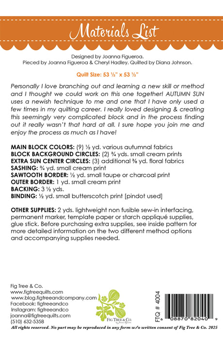 Back of the Autumn Sun Quilt Pattern by Fig Tree Quilts