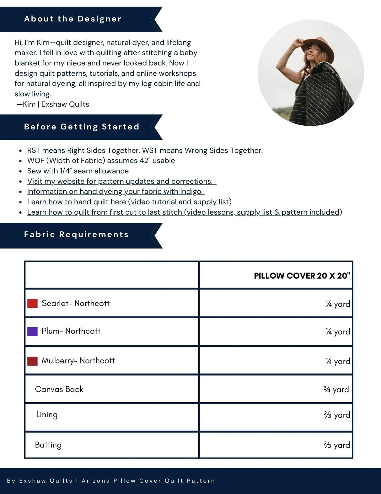 Back of the Arizona Pillow Downloadable Pattern by Exshaw Quilts