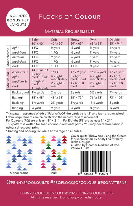 Back of the Flocks of Colour Downloadable Pattern by Penny Spool Quilts Pattern