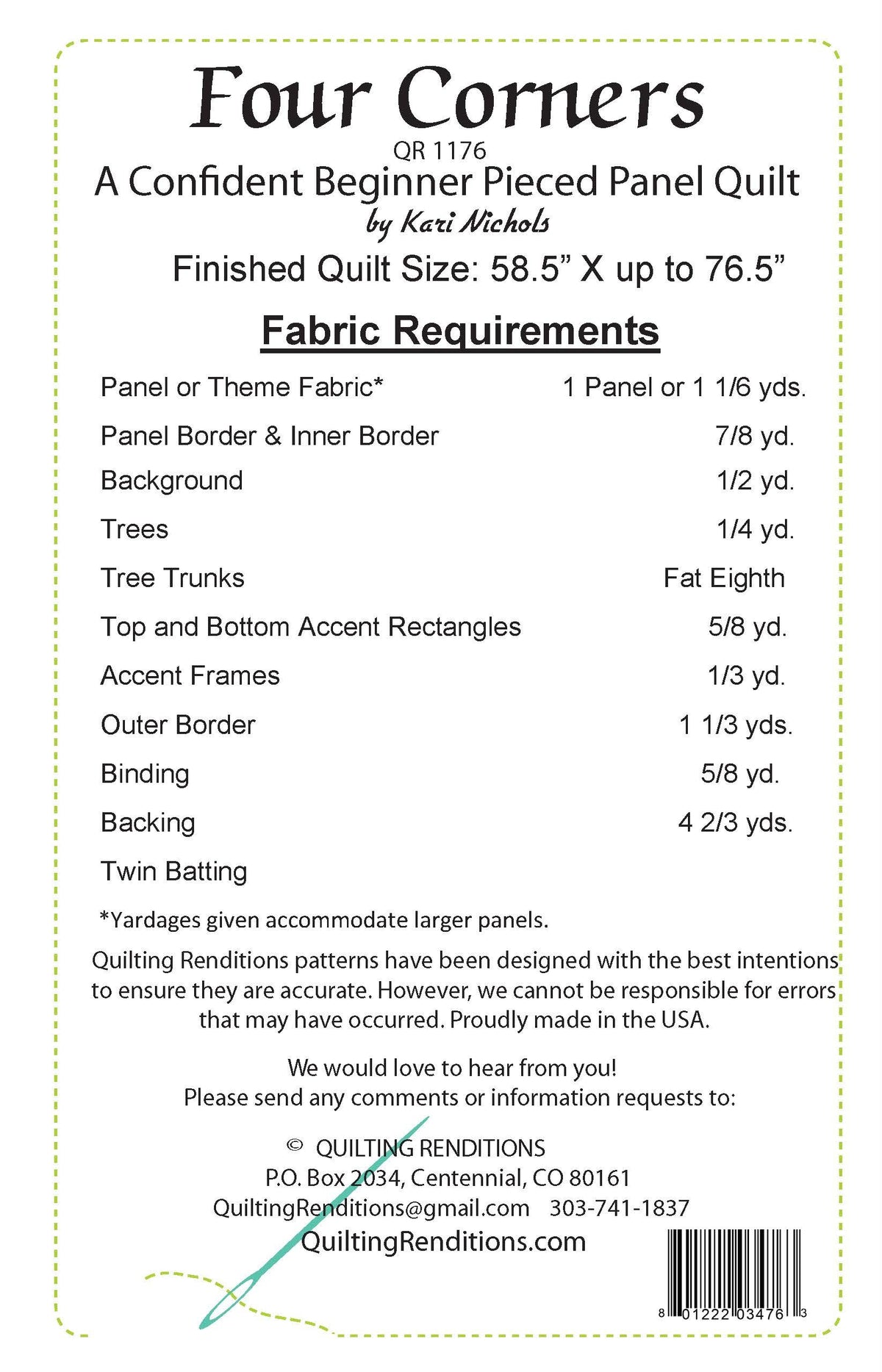Back of the Four Corners Downloadable Pattern by Quilting Renditions