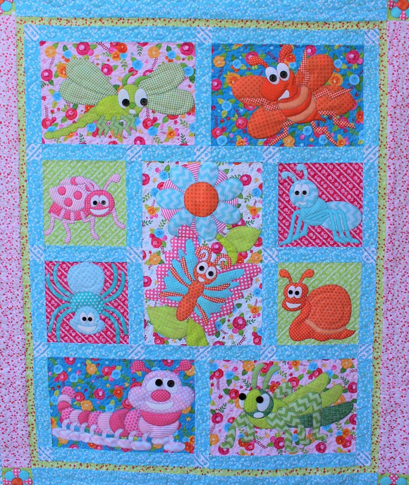 Bug Time Quilt Pattern by Quilture with pink lady bug, blue spider, blue ant, orange snail, catapiller, cricket, fly and bee
