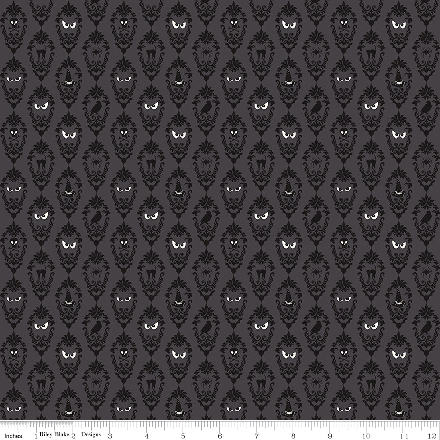 Cobweb Cottage Damask Charcoal Glow in the Dark Quilt Fabric - Riley Blake Designs - Melissa Mortenson