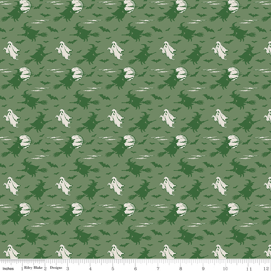 Cobweb Cottage Halloween Skies Light Pickle Glow in the Dark Quilt Fabric by Cobweb Cottage — Melissa Mortenson