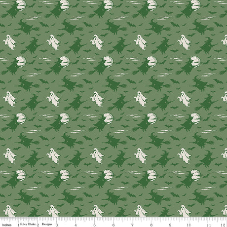 Cobweb Cottage Halloween Skies Light Pickle Glow in the Dark Quilt Fabric - Riley Blake Designs - Melissa Mortenson
