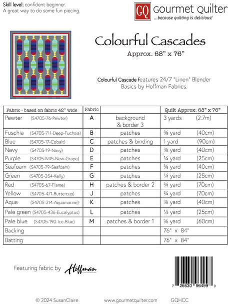 Back of the Colourful Cascades Quilt Pattern by Gourmet Quilter