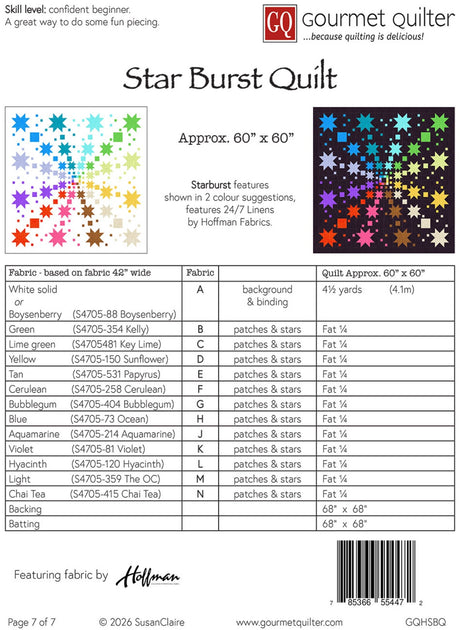 Back of the Star Burst Quilt Quilt Pattern by Gourmet Quilter