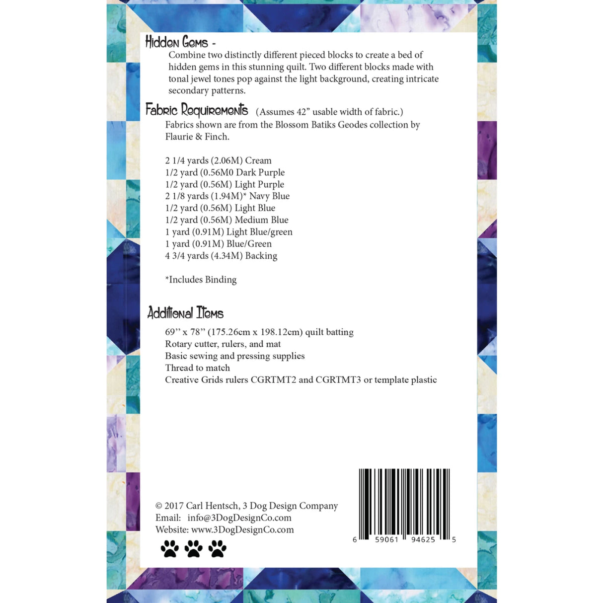 Back of the Hidden Gems Quilt Pattern by 3 Dog Design Co Quilt Patterns