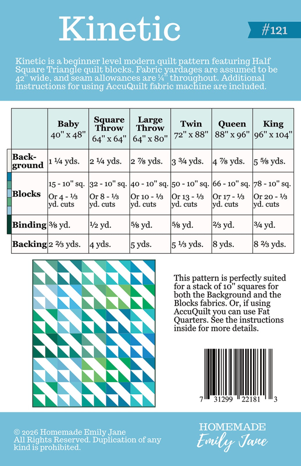 Back of the Kinetic Quilt Pattern by Homemade Emily Jane