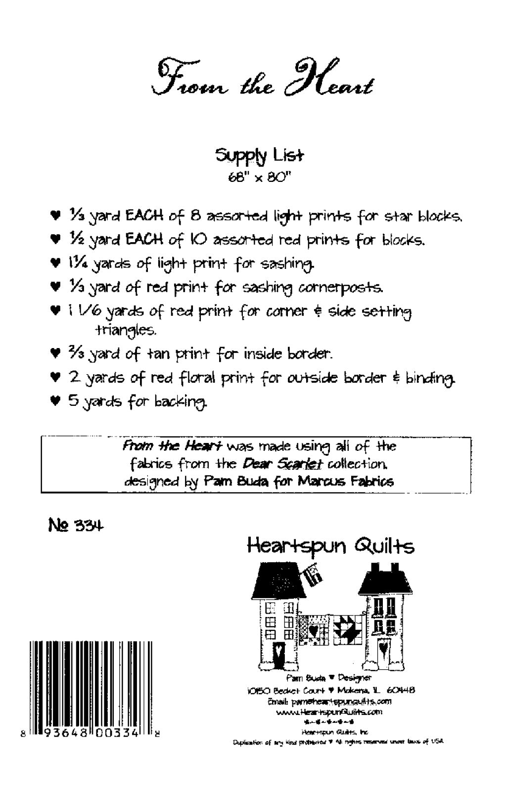 Back of the From The Heart Quilt Pattern by Heartspun Quilts