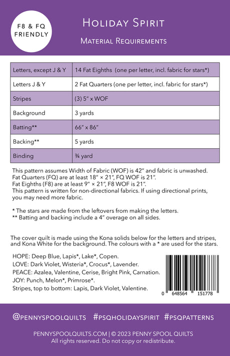 Back of the Holiday Spirit Downloadable Pattern by Penny Spool Quilts Pattern