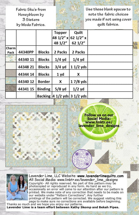 Back of the Turn on the Charm Downloadable Pattern by Lavender Lime Quilting