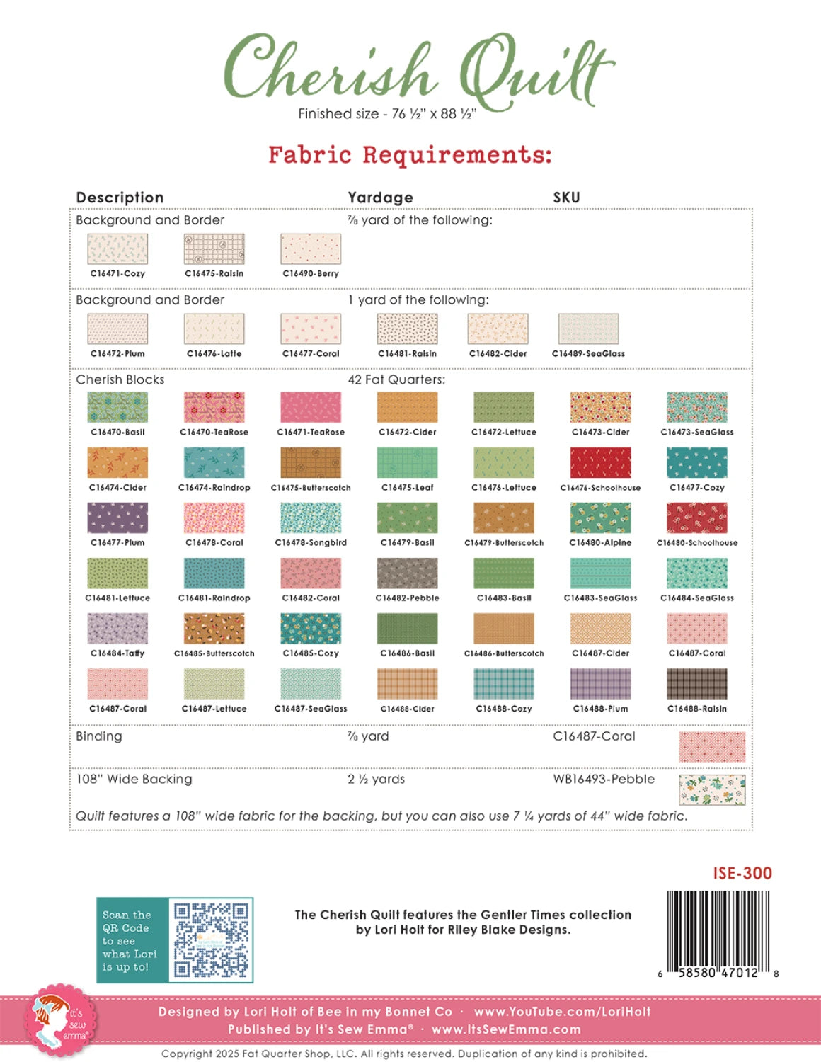 Back of the Cherish Quilt Pattern by Its Sew Emma