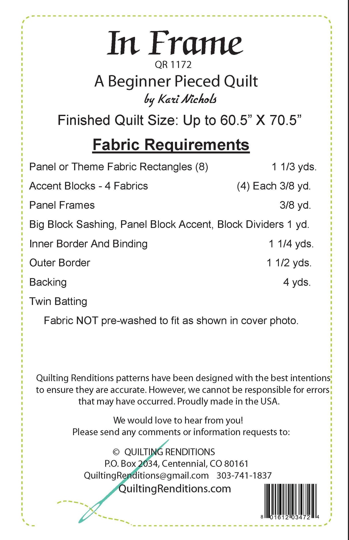 Back of the In Frame Pattern by Quilting Renditions