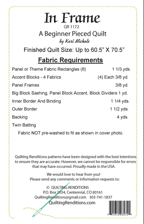 Back of the In Frame Pattern by Quilting Renditions