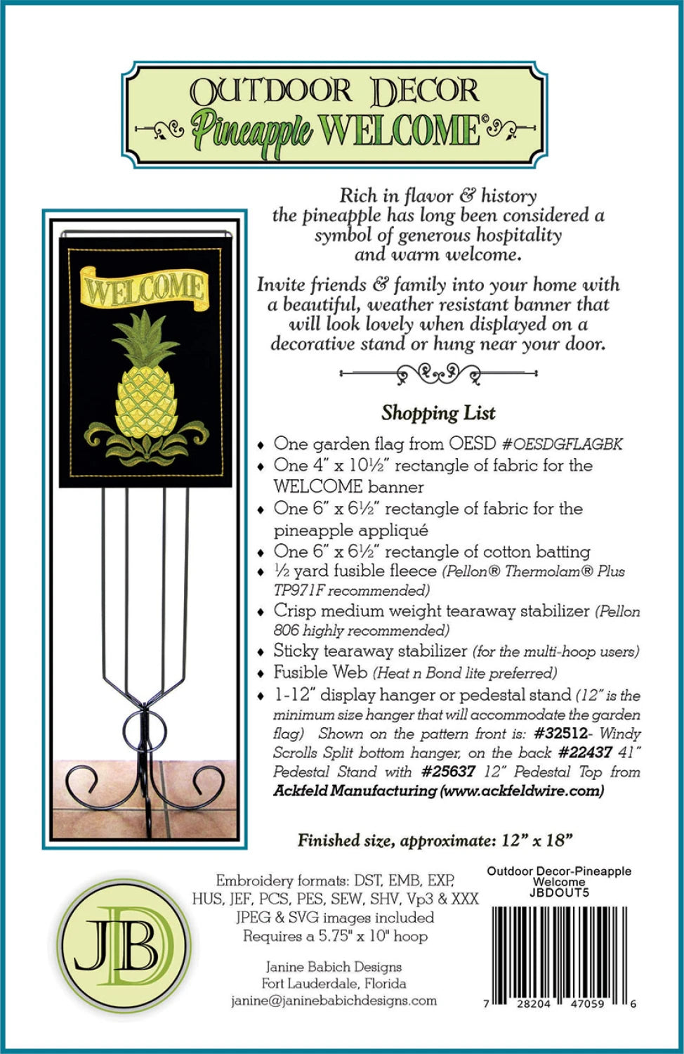 Back of Outdoor Decor #5 PIneapple Welcome Pattern - Janine Babich Designs - 12.5" x 18"