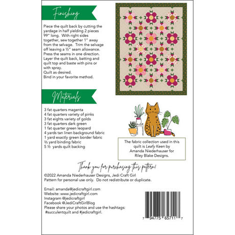 Back of Succulent Quilt Pattern - Amanda Niederhauser - Jedi Craft Girl - 12" x 12"