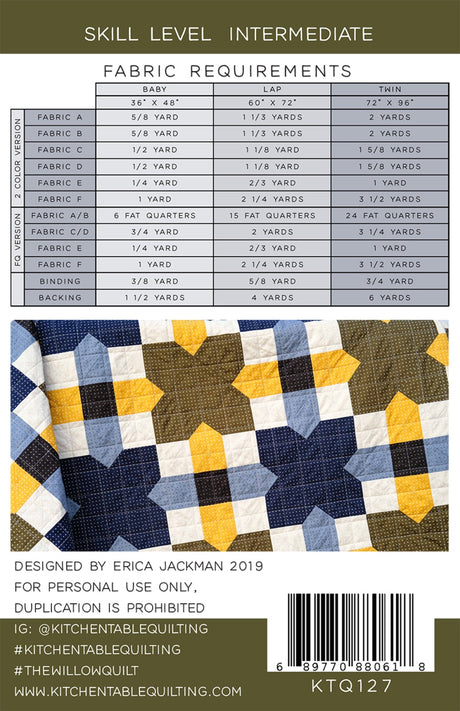 Back of the The Willow Quilt Pattern by Kitchen Table Quilting