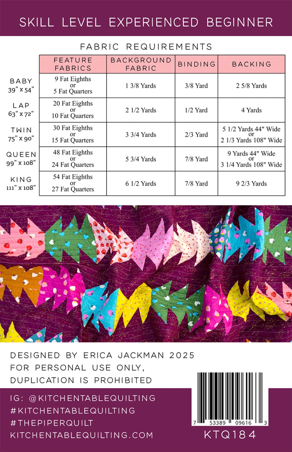 Back of the The Ori Quilt Pattern by Kitchen Table Quilting