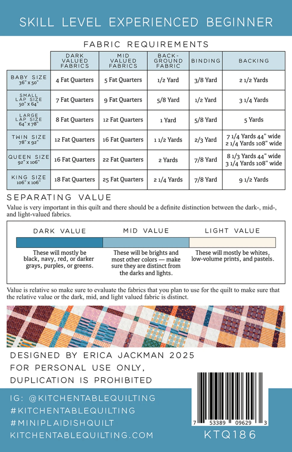 Back of the Mini Plaid-ish Quilt Pattern by Kitchen Table Quilting