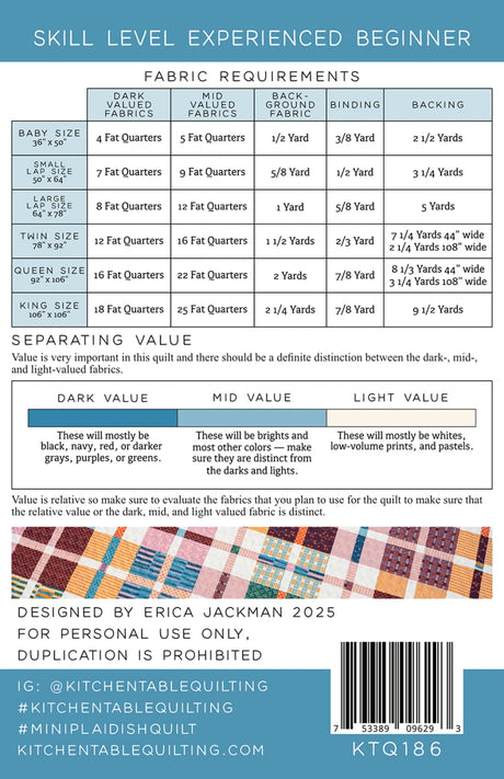 Back of the Mini Plaid-ish Quilt Pattern by Kitchen Table Quilting