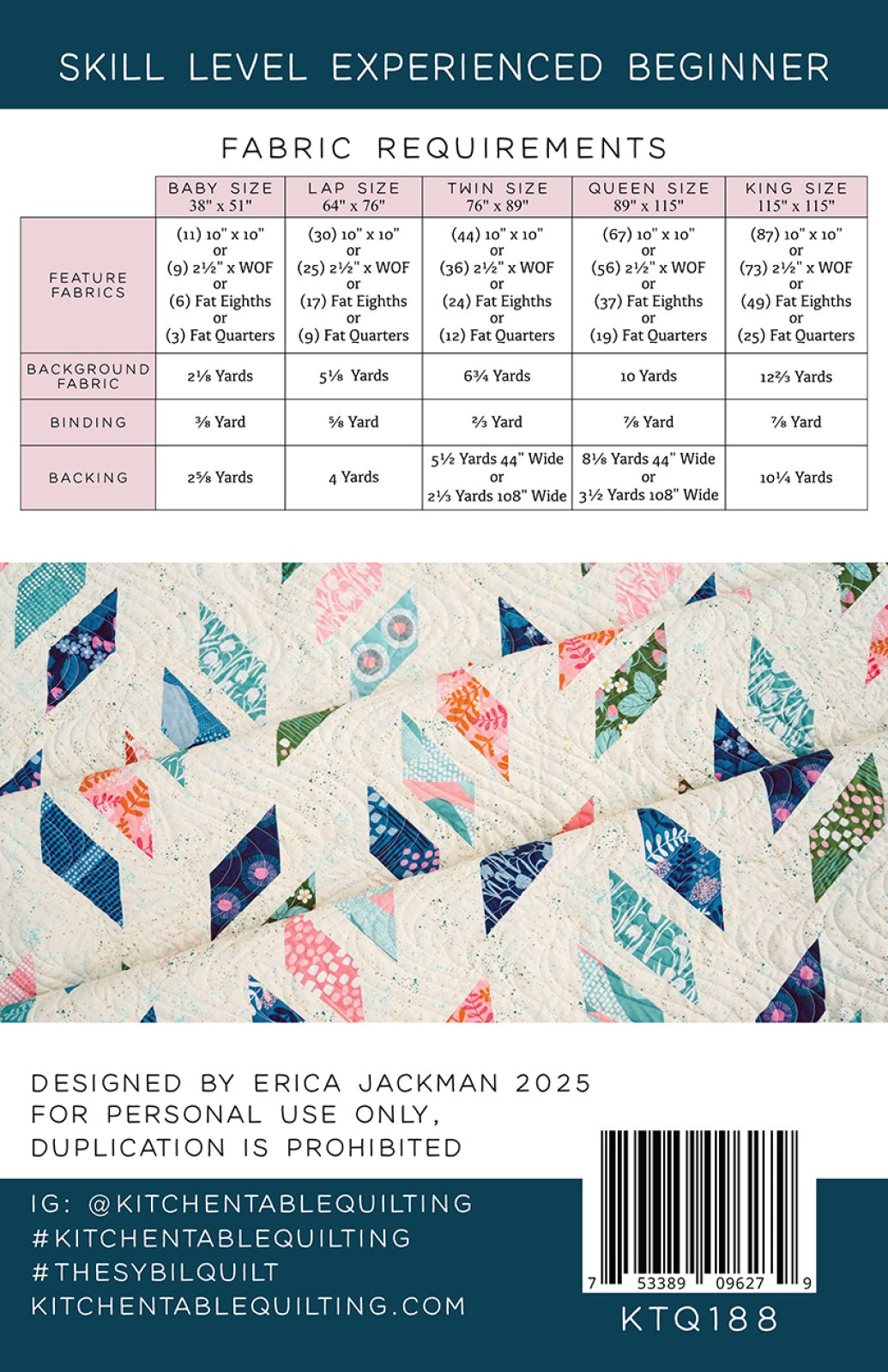 Back of the The Sybil Quilt Pattern by Kitchen Table Quilting