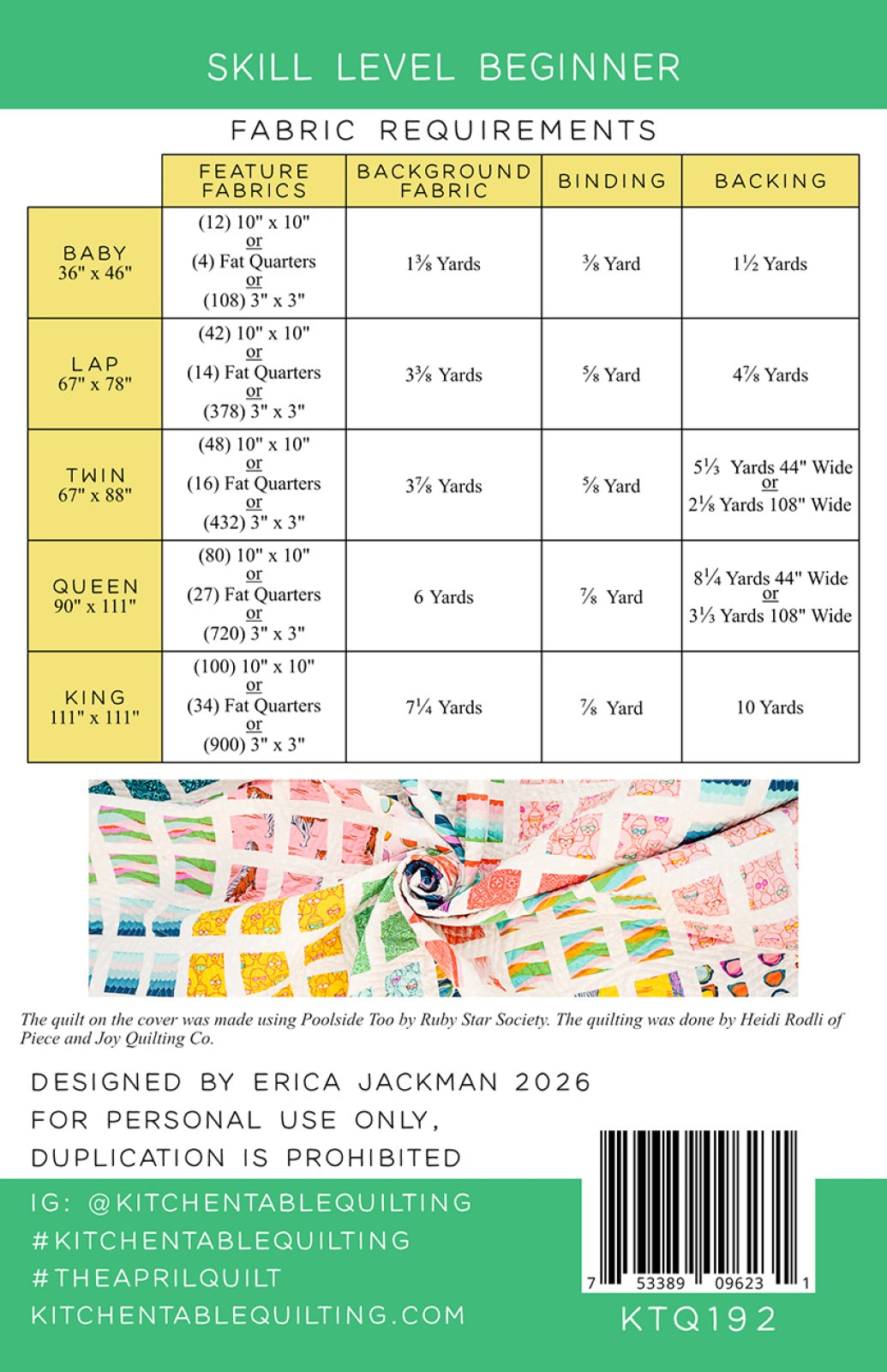 Back of the The April Quilt Pattern by Kitchen Table Quilting