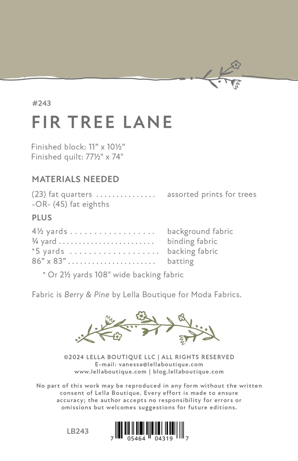 Back of the Fir Tree Lane Quilt Pattern by Lella Boutique