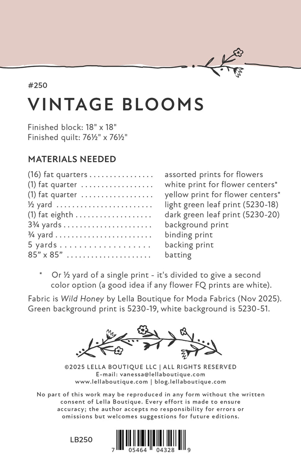 Back of the Vintage Blooms Quilt Pattern by Lella Boutique
