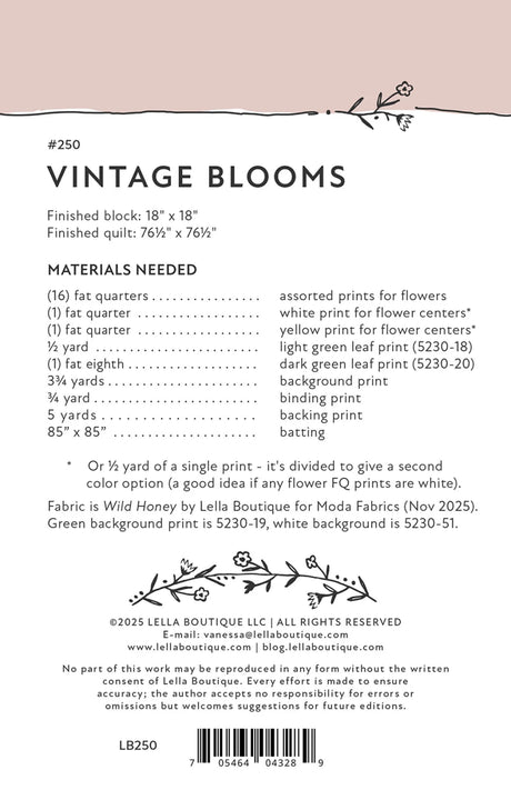 Back of the Vintage Blooms Quilt Pattern by Lella Boutique