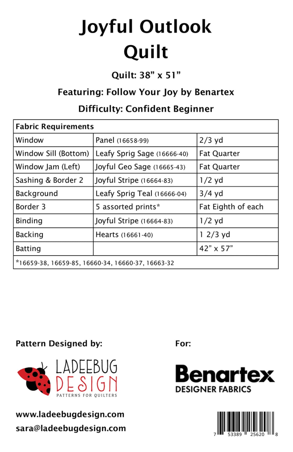 Back of the Joyful Outlook Quilt Pattern by Ladeebug Designs