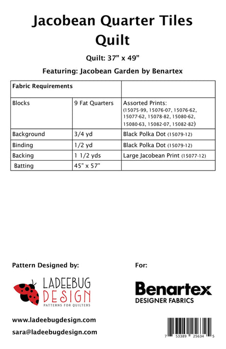 Back of the Jacobean Quarter Tiles Quilt Pattern by Ladeebug Designs