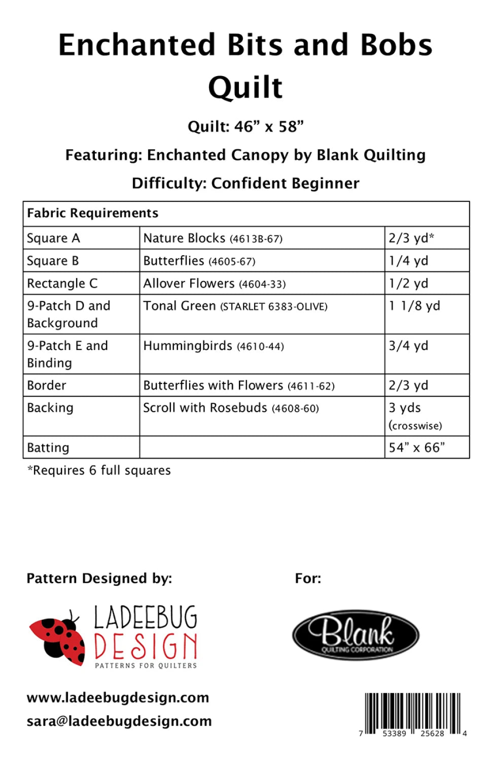 Back of the Enchanted Bits and Bobs Quilt Pattern by Ladeebug Designs