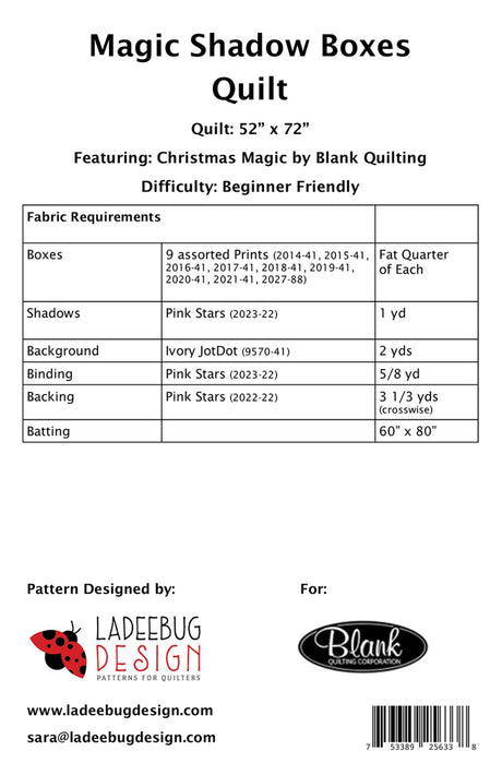 Back of the Magic Shadow Boxes Quilt Pattern by Ladeebug Designs