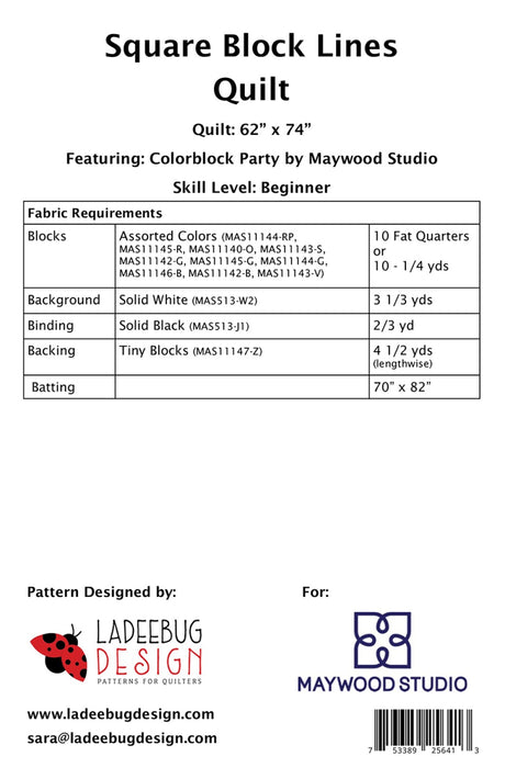 Back of the Square Block Lines Quilt Pattern by Ladeebug Designs