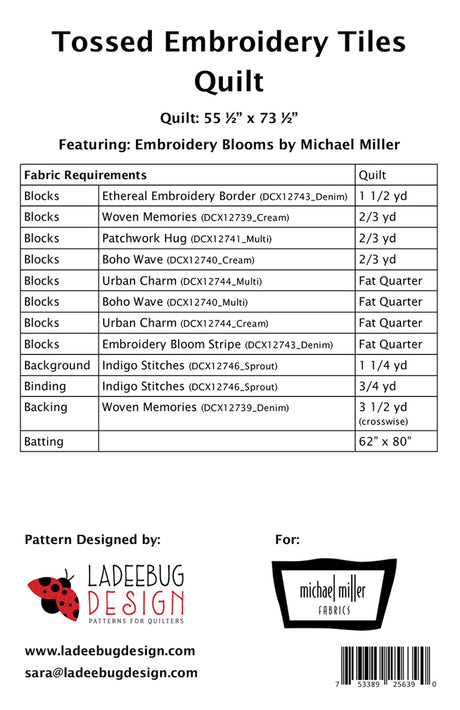 Back of the Tossed Embroidery Tiles Quilt Pattern by Ladeebug Designs