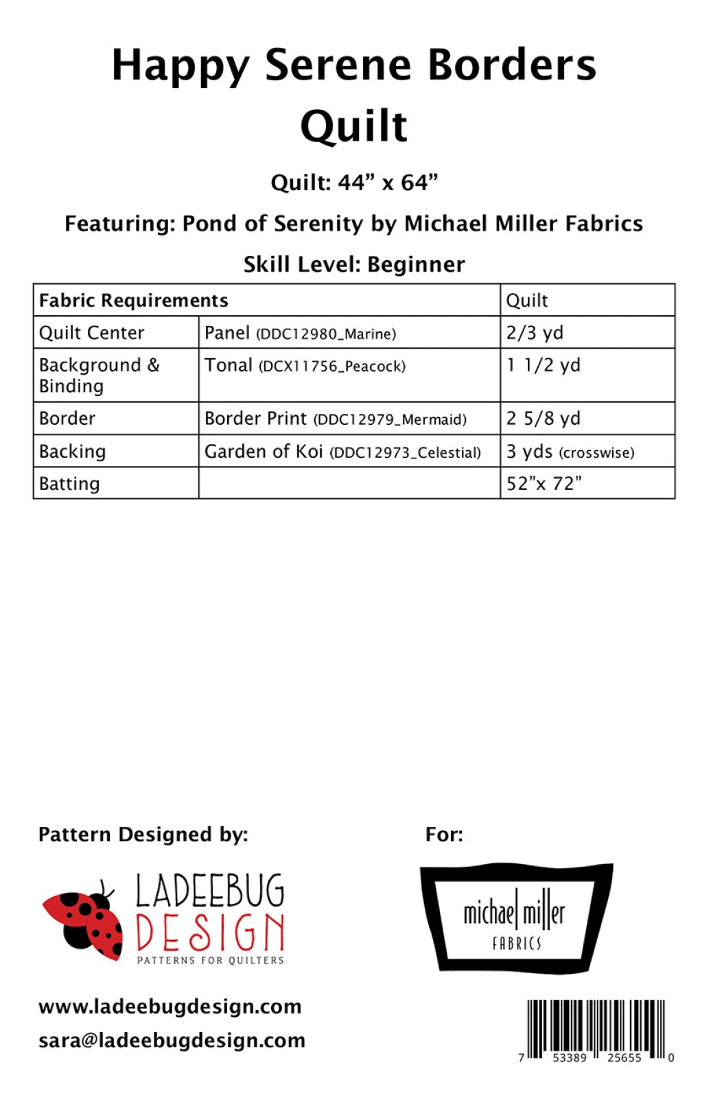 Back of the Happy Serene Borders Quilt Pattern by Ladeebug Designs