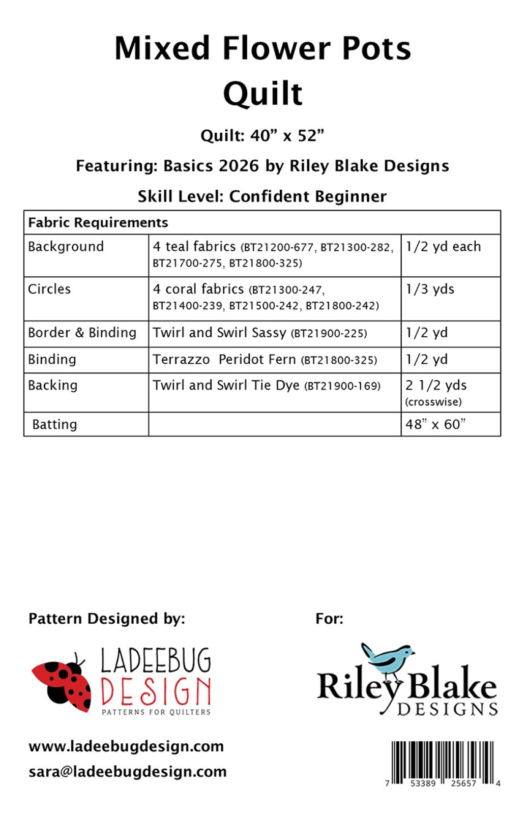 Back of the Mixed Flower Pots Quilt Pattern by Ladeebug Designs