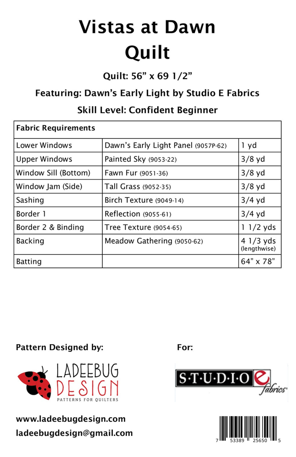 Back of the Vistas at Dawn Quilt Pattern by Ladeebug Designs