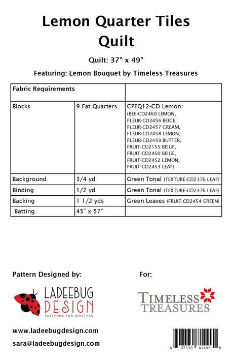 Back of the Lemon Quarter Tiles Quilt Pattern by Ladeebug Designs