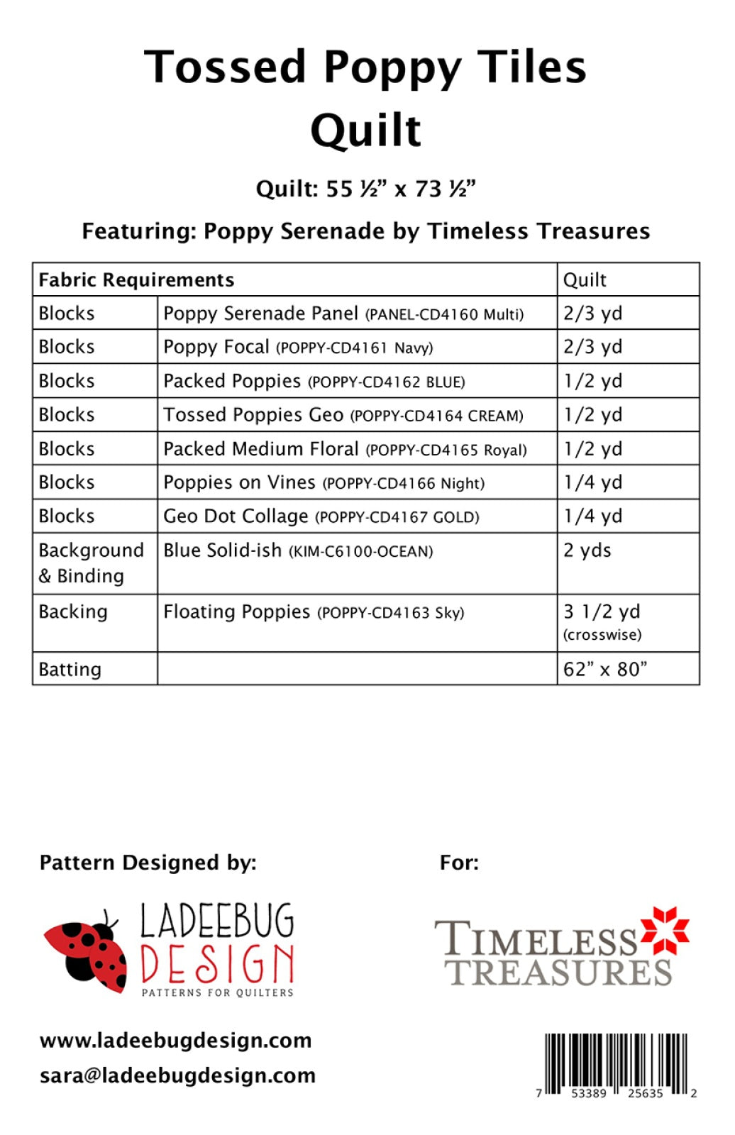 Back of the Tossed Poppy Tiles Quilt Pattern by Ladeebug Designs