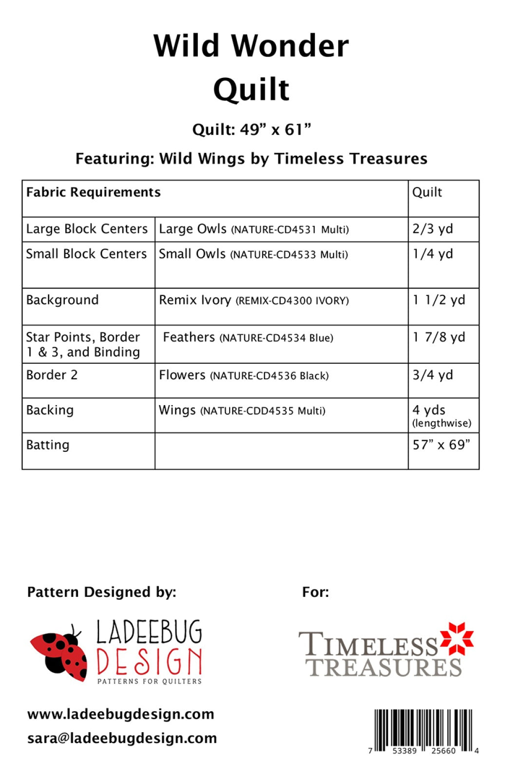 Back of the Wild Wonder Quilt Pattern by Ladeebug Designs