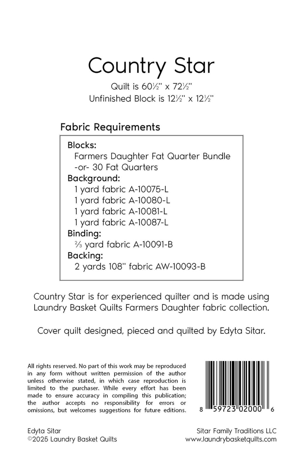 Back of the Country Star - Farmers Daughter Quilt Pattern by Laundry Basket Quilts