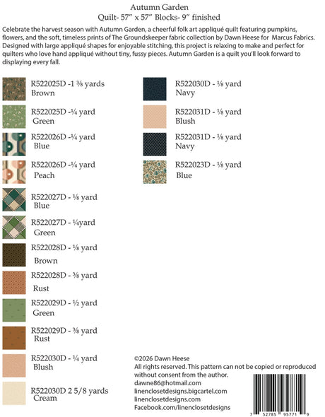 Back of the Autumn Garden Quilt Pattern by Linen Closet Designs