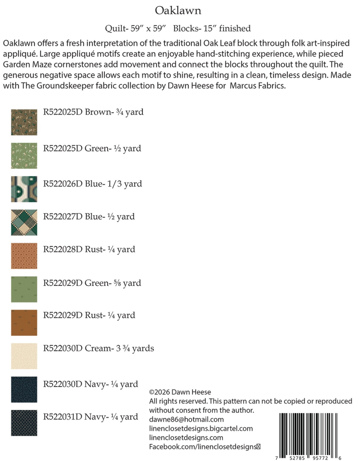 Back of the Oaklawn Quilt Pattern by Linen Closet Designs
