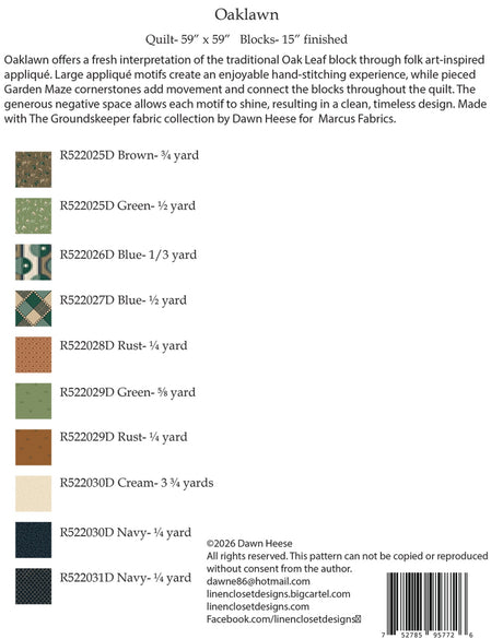 Back of the Oaklawn Quilt Pattern by Linen Closet Designs