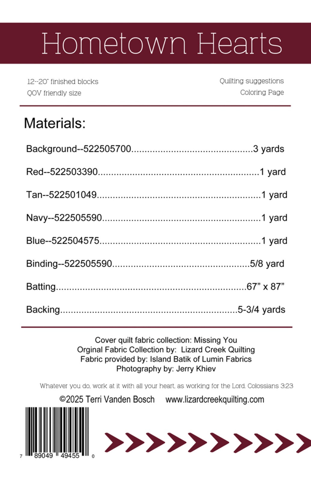 Back of the Hometown Hearts Quilt Pattern by Lizard Creek Quilting